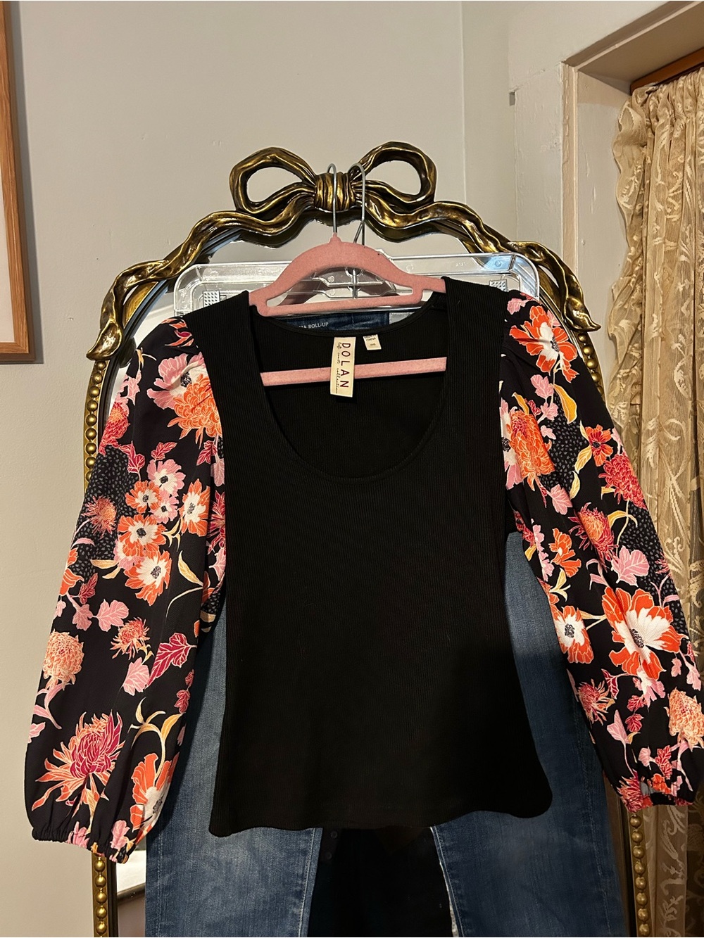 dolan left coast Black Knit Top with Floral Sleeves